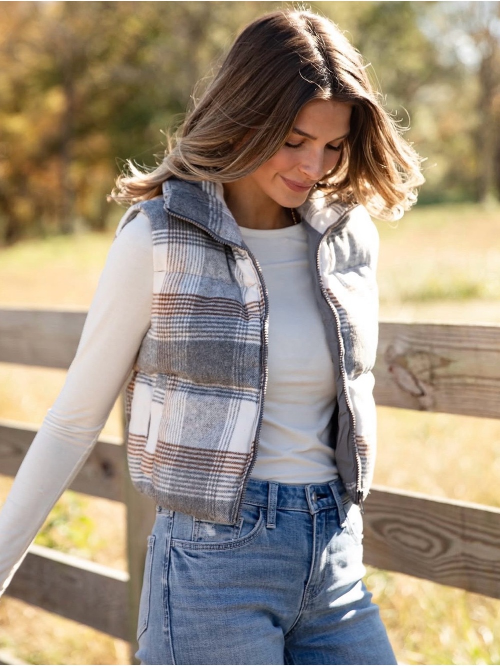 Stoosh Plaid Quilted Puffer Vest - Gray/Taupe
